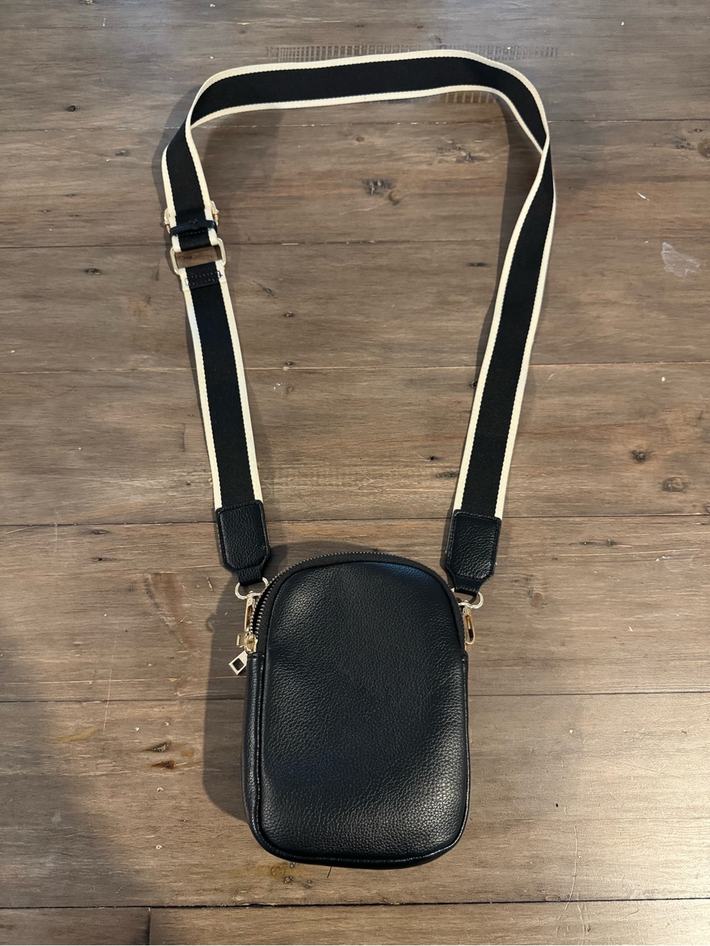 Black Pebbled Leather Crossbody with Contrast Stripe Strap